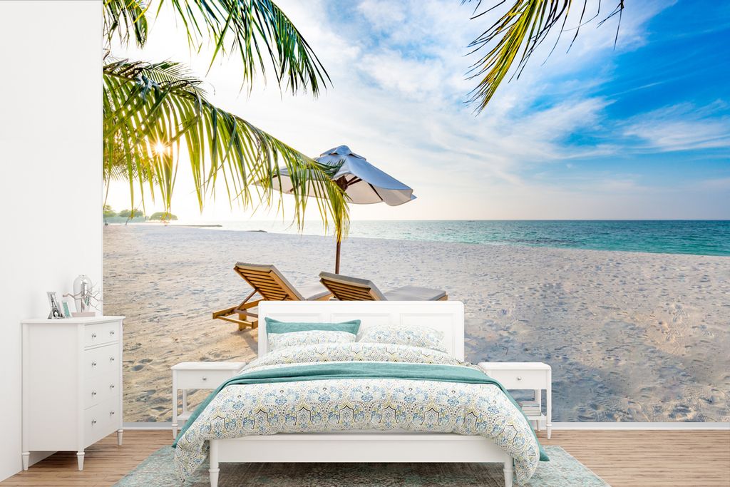 MuchoWow Fototapete für Wohnzimmer oder Schlafzimmer Wandtapete Vinyl Motivtapete Strandkorb - Sonnenschirm - Sonnenuntergang - 330x220 cm - Fot...