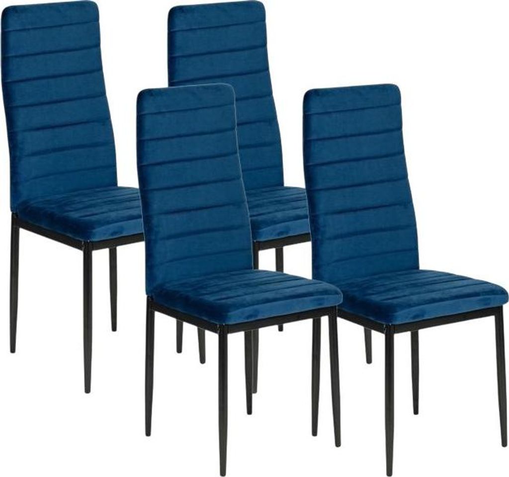 Four blue dining chairs are arranged in a group against a white background.