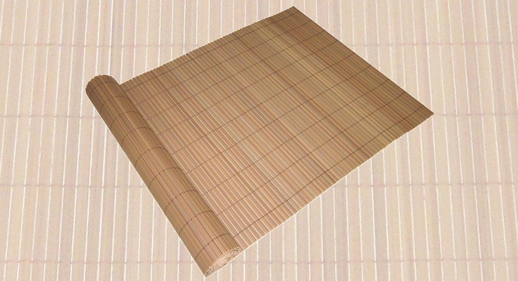 A rolled-up bamboo mat is shown on a light gray background.