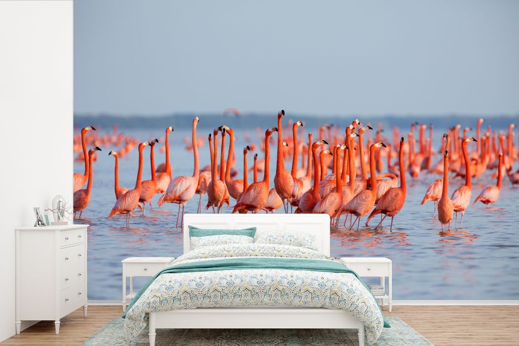 MuchoWow Fototapete für Wohnzimmer oder Schlafzimmer Wandtapete Vinyl Motivtapete Große Gruppe von Flamingos im Wasser - 360x240 cm - Vinyl-Tapete