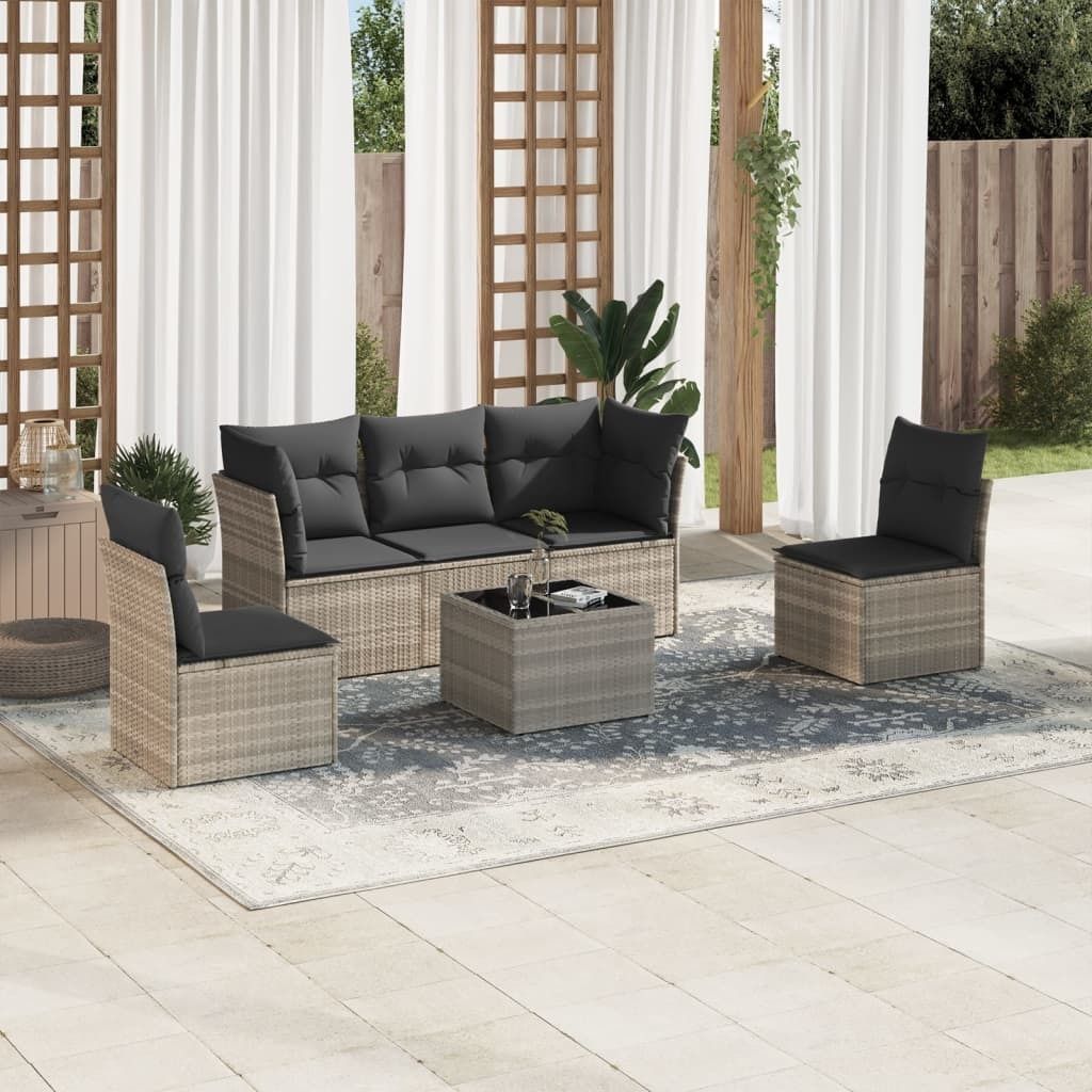 Industrie-Stil 6-tlg. Garten-Sofagarnitur Sofa Set mit Kissen Hellgrau Poly Rattan Terrassenmöbel2024 cloris