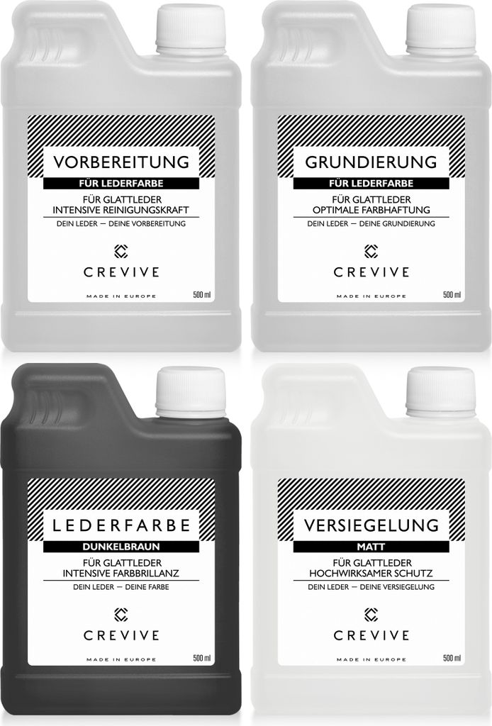 CREVIVE Lederfarbe Set Dunkelbraun Matt - für die optimale Lederfärbung - Lederreiniger, Grundierung, Lederfarbe, Versiegelung, je 500 ml