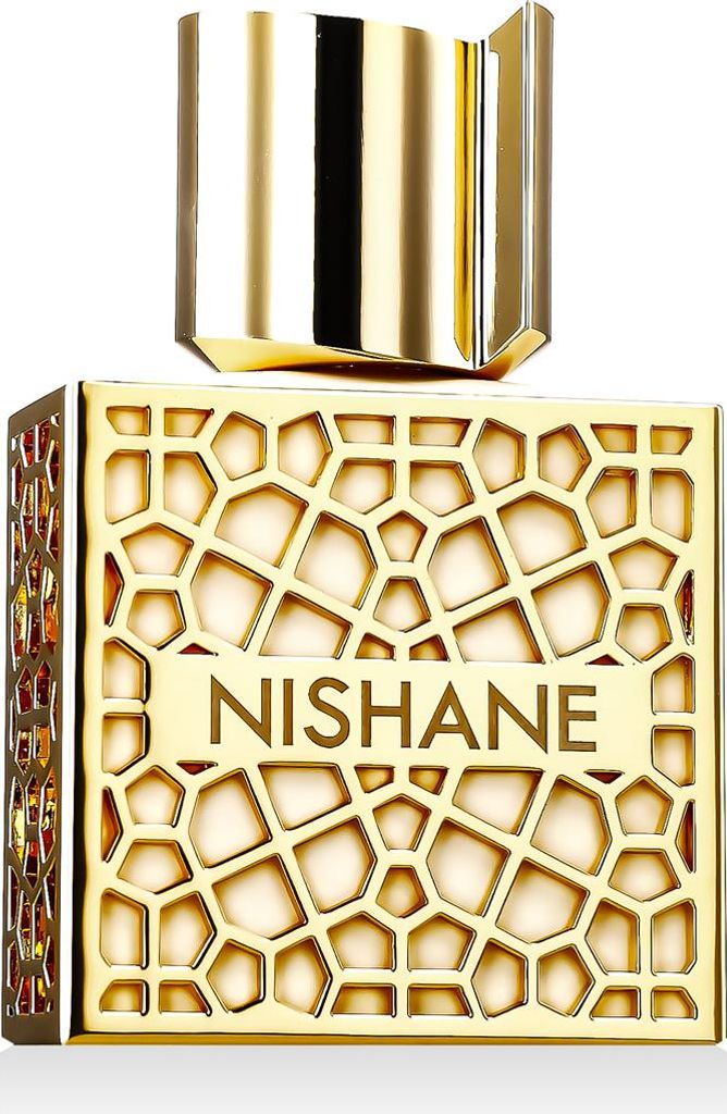 A close-up studio shot of a gold Nishane perfume bottle.