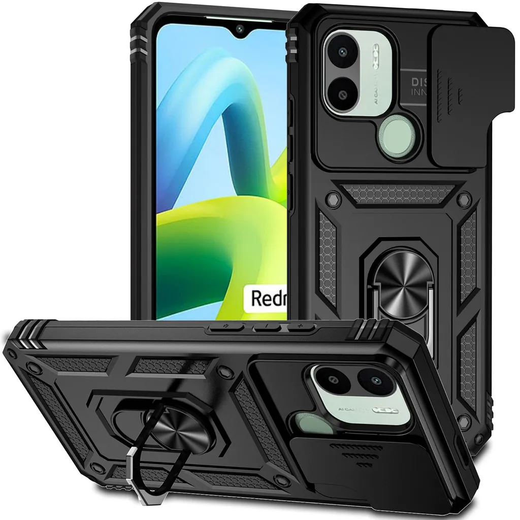 Custodia per Xiaomi Redmi A1 / A1+ a doppio strato con copertura scorrevole della fotocamera e supporto ad anello nero