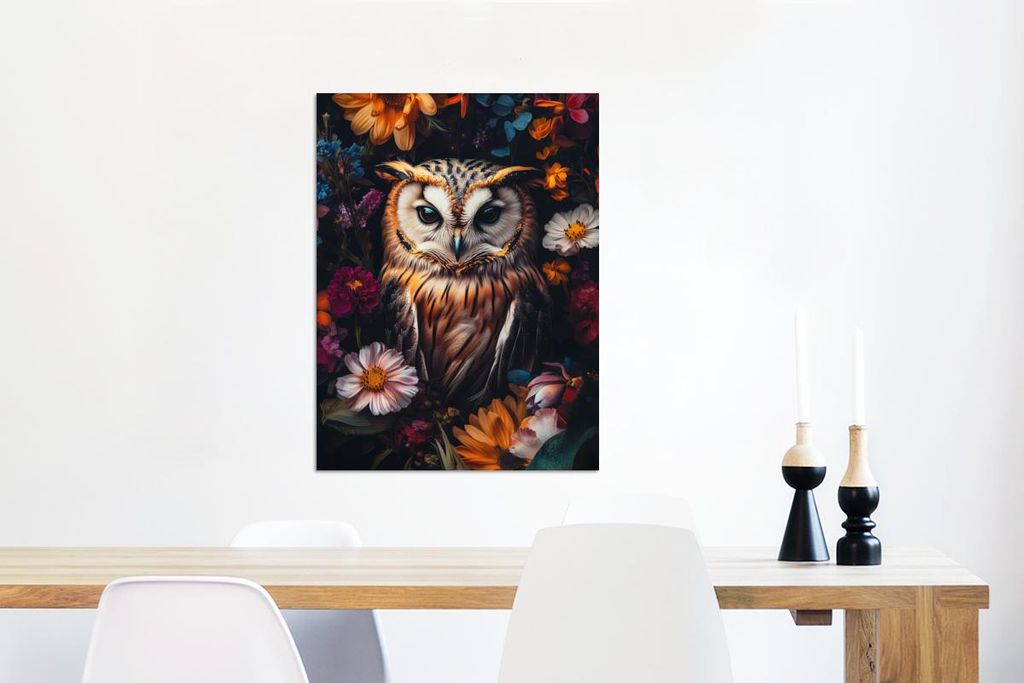 MuchoWow Wanddekoration Metall Metallbild Wandkunst 60x80 cm Eule - Blumen - Farbenfroh - Natur MuchoWow Aluminium Gemälde - Wanddekoration Metall