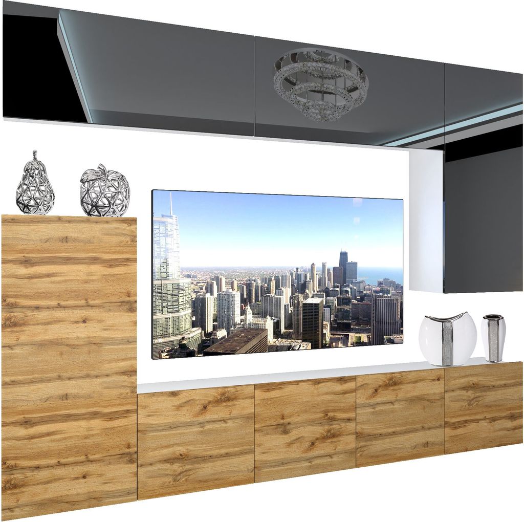BELINI Wohnwand Vollausstattung Wohnzimmer-Set Moderne Schrankwand mit LED-Beleuchtung Weiß Glänzend Anbauwand TV-Schrank Schwarz / Eiche Wotan G...