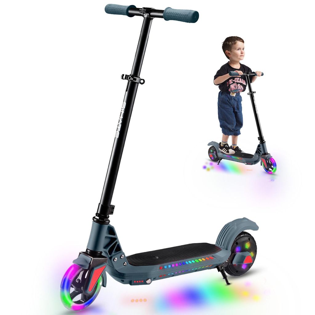 Elektroroller Für Kinder 4–8 Jahren, Kinder Elektroroller mit verstellbarer Höhe, Blitzrad, 110W, bis zu 60 kg, Max 12 km/h, Elektroscooter Grau