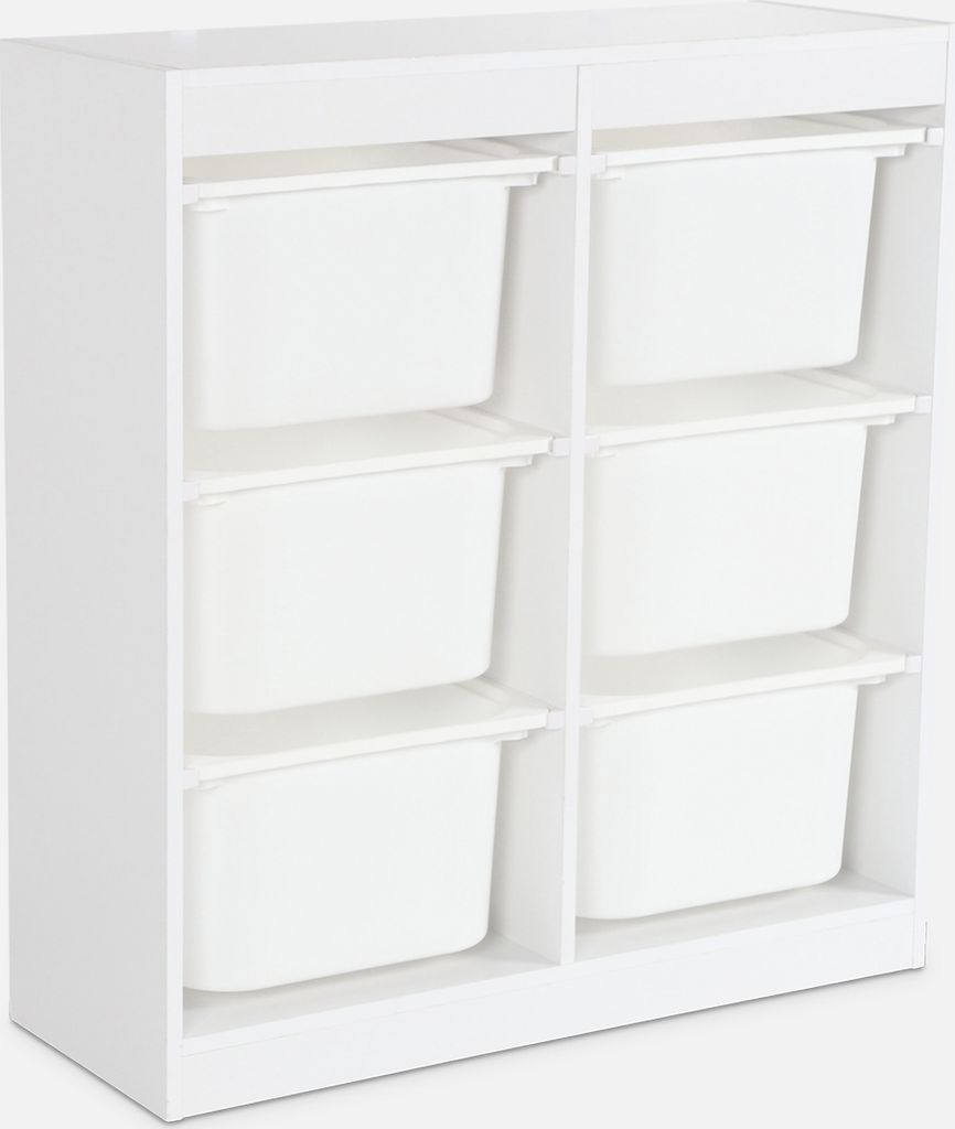 A white storage unit with six white bins.