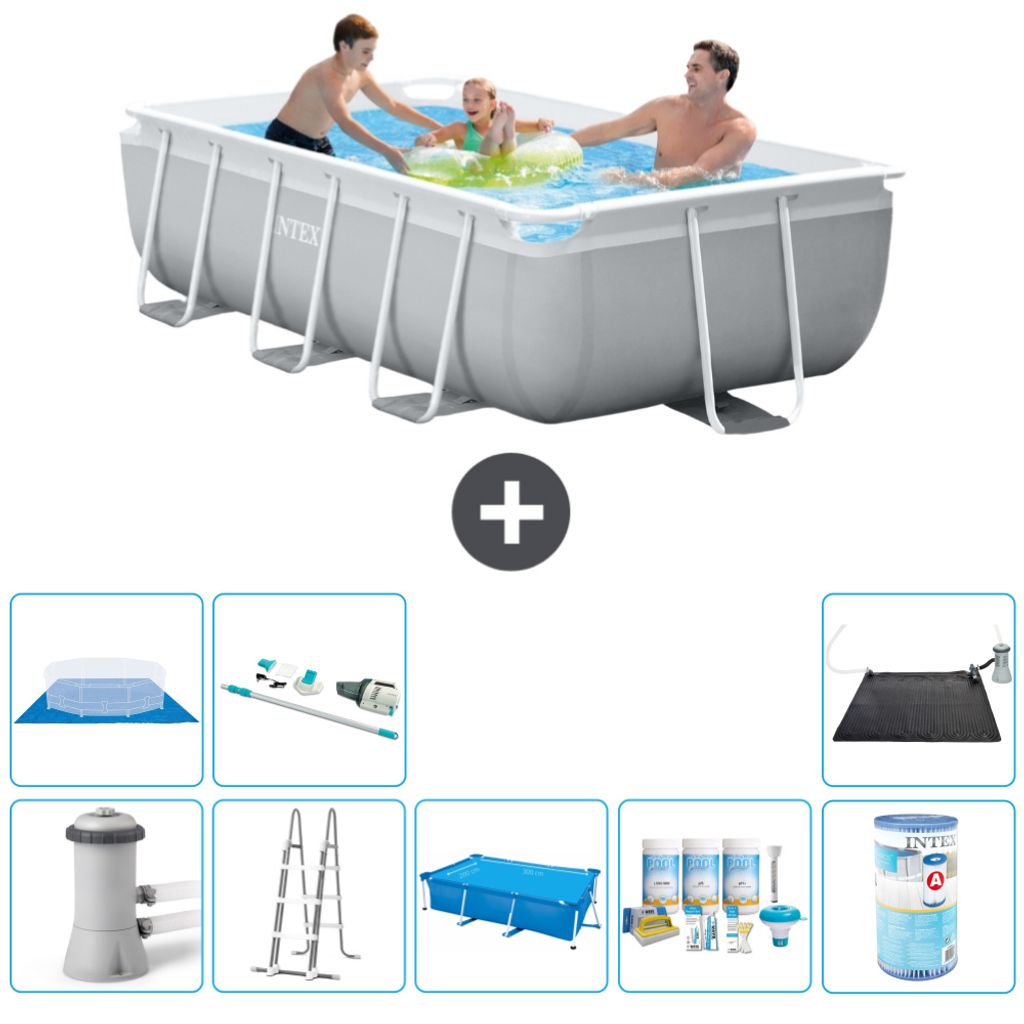 Intex Rechteckiges Prisma-Rahmen-Schwimmbecken – 300 x 175 x 80 cm – Grau – inklusive Pumpe – Leiter Sonnensegel - Wartungspaket - Filter -...
