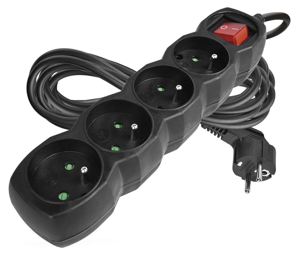 Prodlužovací kabel 5 m / 4 zásuvky / s vypínačem / černý / PVC / 1 mm2