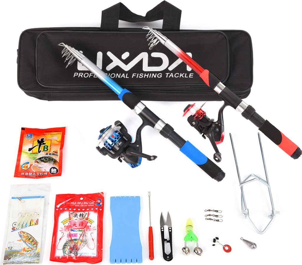 Angelset mit zwei 2,1 m Teleskop-Angelruten und Spinnrollen-Angelkombination mit Angeltasche