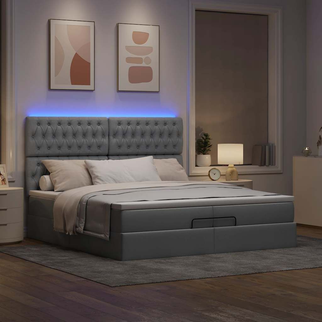 "2026 Promotion" Ottoman-Bett Schlafzimmer - mit Matratzen - & LEDs - Hellgrau 200x200 cm - Stoff - Polsterbett CC17320