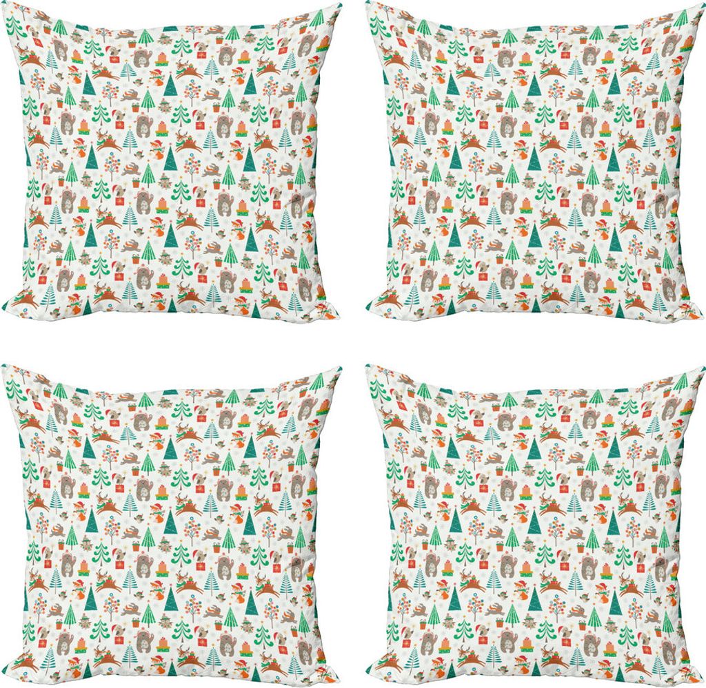 ABAKUHAUS Weihnachten Kissenbezug Set (4 Stück), Baum Geschenke Animals, Moderner Doppelseitiger Digitaldruck, 45 cm x 45 cm, Mehrfarbig