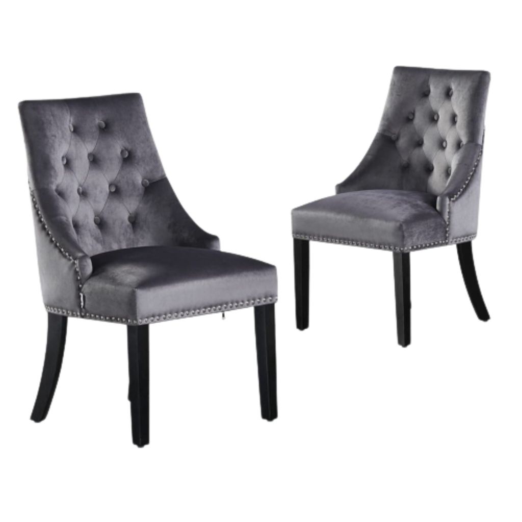 Ensemble de 2 chaises de salle à manger Windsor - Rembourrage en velours moelleux et pieds en bois massif robustes - Gris foncé
