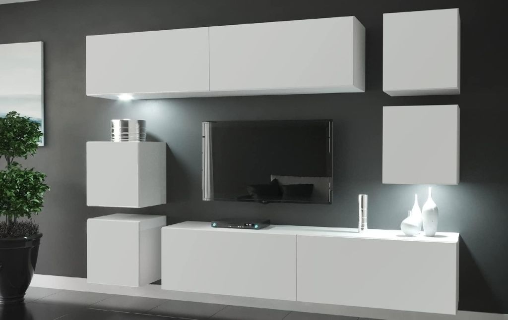 Furnitech Wohnwand Wohnzimmer - Hängend Wohnwand Modern - Regale und TV Schrank - Wohnzimmer Möbel ohne LED (Lima AN65-M-W2 1A Matt)