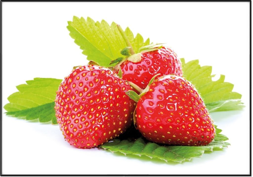 Wallario Wandbild Frische rote Erdbeeren für die Küche, Größe: 70,30 x 100,30 cm, Poster mit schwarzem Aluminiumrahmen