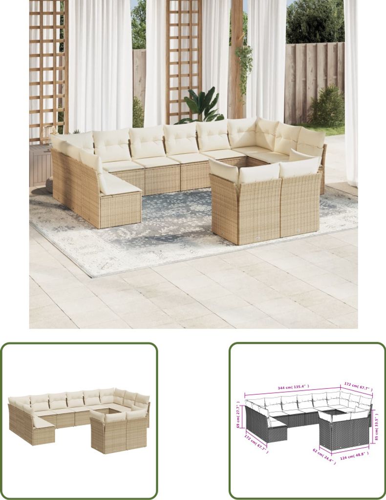The Living Store 12-tlg. Garten-Sofagarnitur mit Kissen Beige Poly Rattan