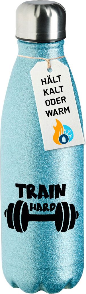 Huuraa Trinkflasche Train hard Hantel 500ml Blue Edelstahl Wasserflasche Trinkflasche Geschenkidee