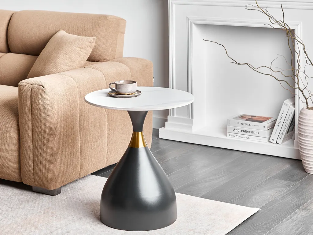 Beliani Table d'Appoint en Pierre Blanche et Métal Noir Ø 50 cm - 2