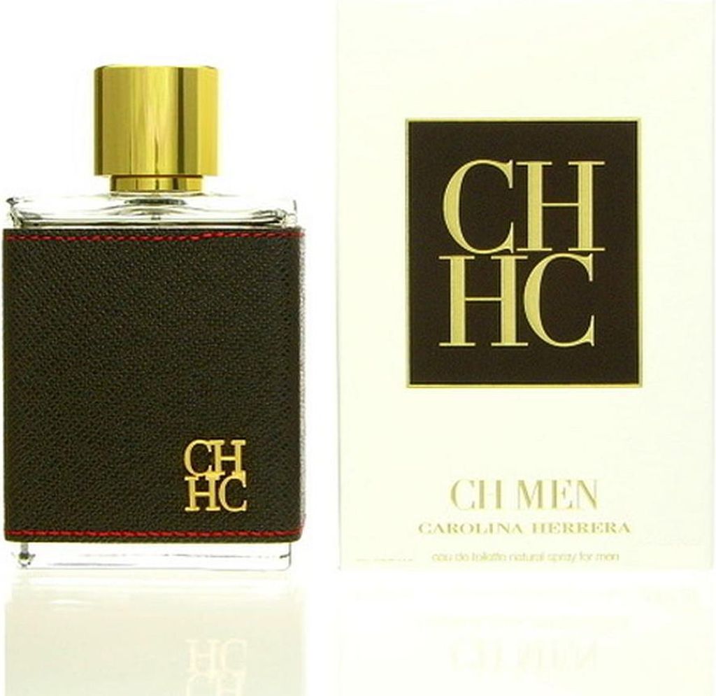 A bottle of Carolina Herrera CH Men Eau de Toilette and its packaging are displayed against a white background.