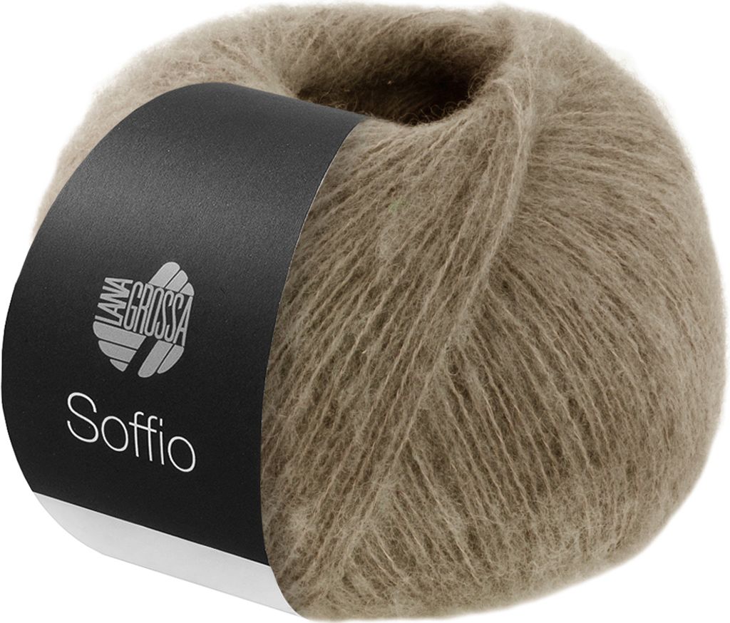 A ball of taupe colored yarn with a black label.