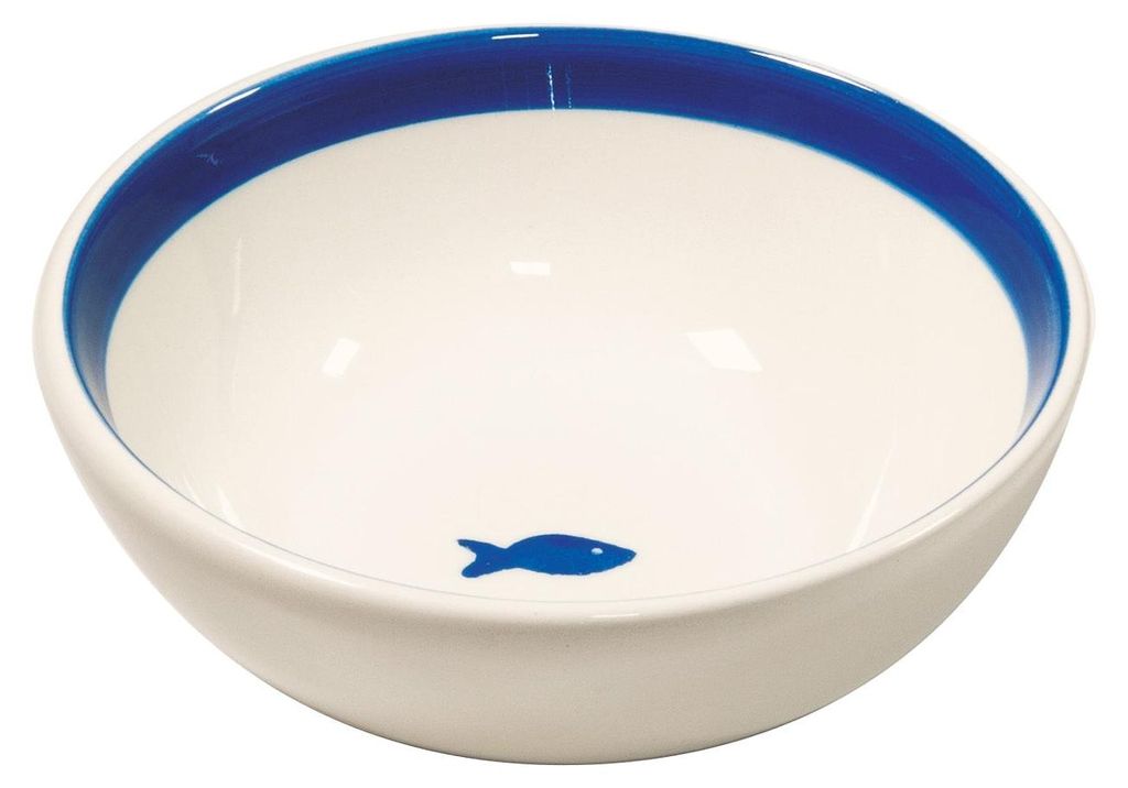 Safranfarbenes 6er-Set handbemalter blauer Keramikschalen mit Fischmotiv für Vorspeisen, Salate und Desserts. Künstlerisches Design.