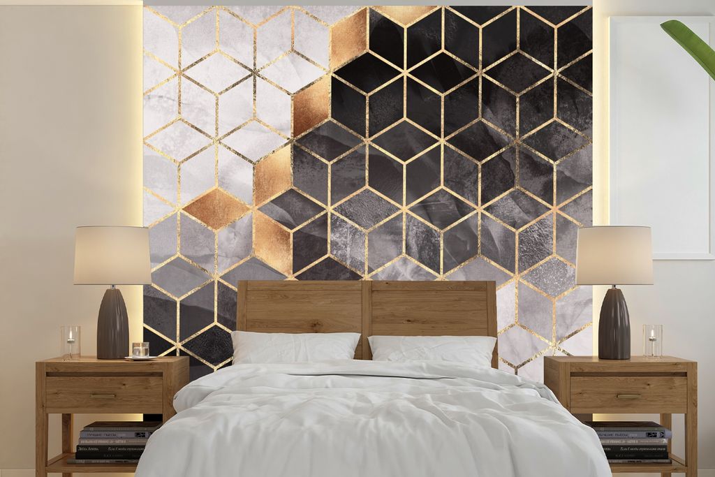 MuchoWow Fototapete für Wohnzimmer oder Schlafzimmer Wandtapete Vinyl Motivtapete Abstrakt - Würfel - Gold - Muster - Schwarz - Weiß - 300x300...