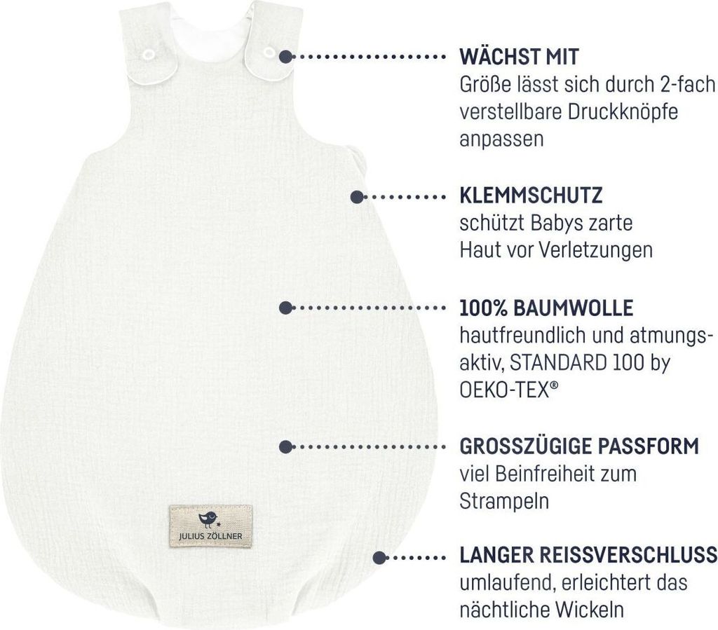 Julius Zöllner GmbH &Co.KG Schlafsack ivory Babyschlafsack Musselin 68/74 (BxLxH) B=50 x L=74 x H=3 cm