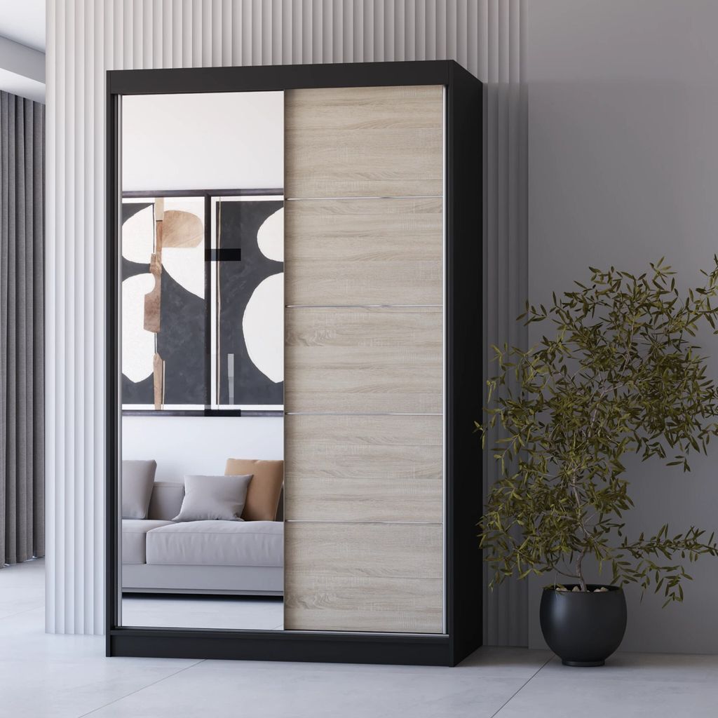 A modern wardrobe with mirrored and wood-grain sliding doors.