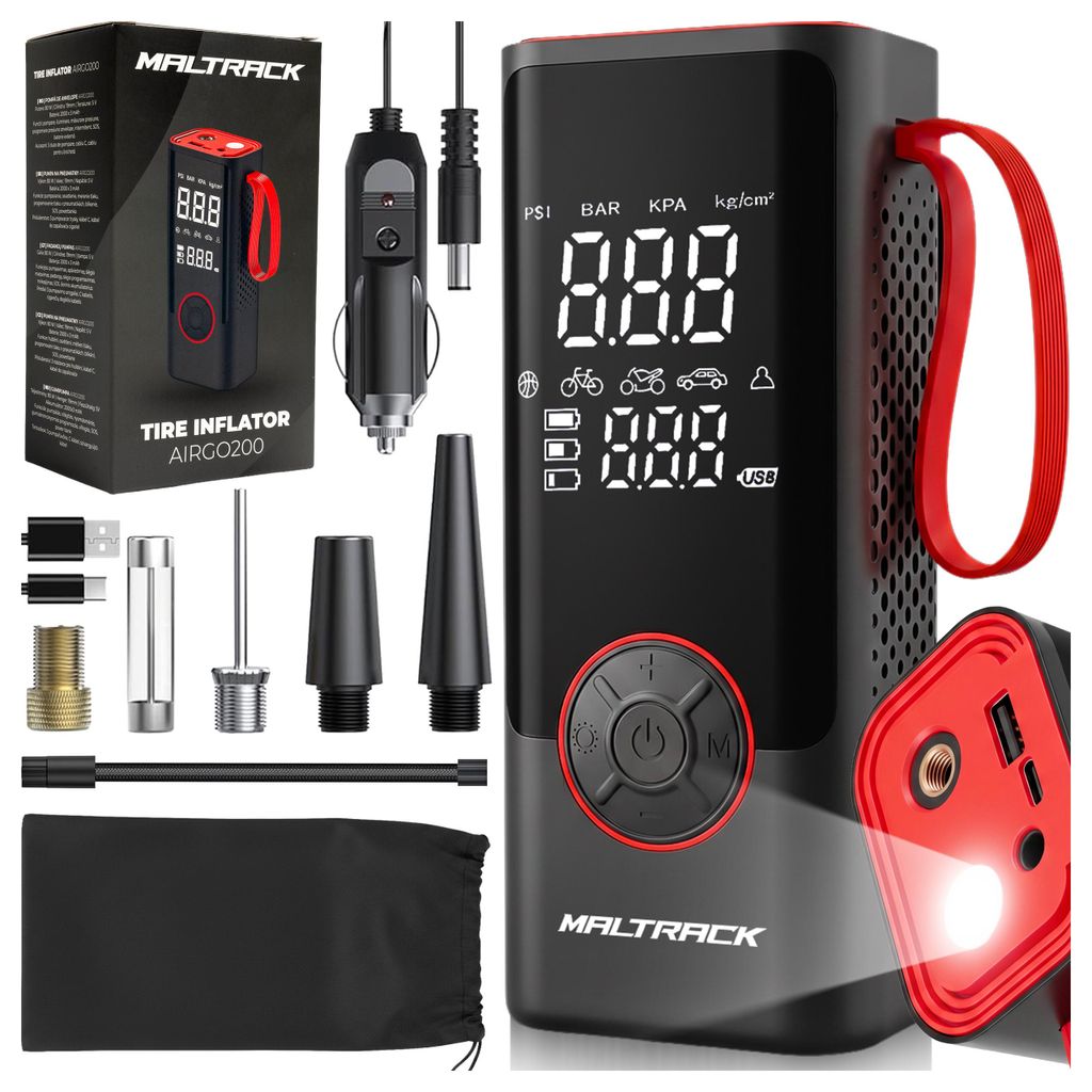 Elektrische Luftpumpe mit Akku 6000mAh, Kompressor 10,3 Bar, Powerbank, LED Licht, SOS, für Auto Fahrrad Motorrad Schwarz