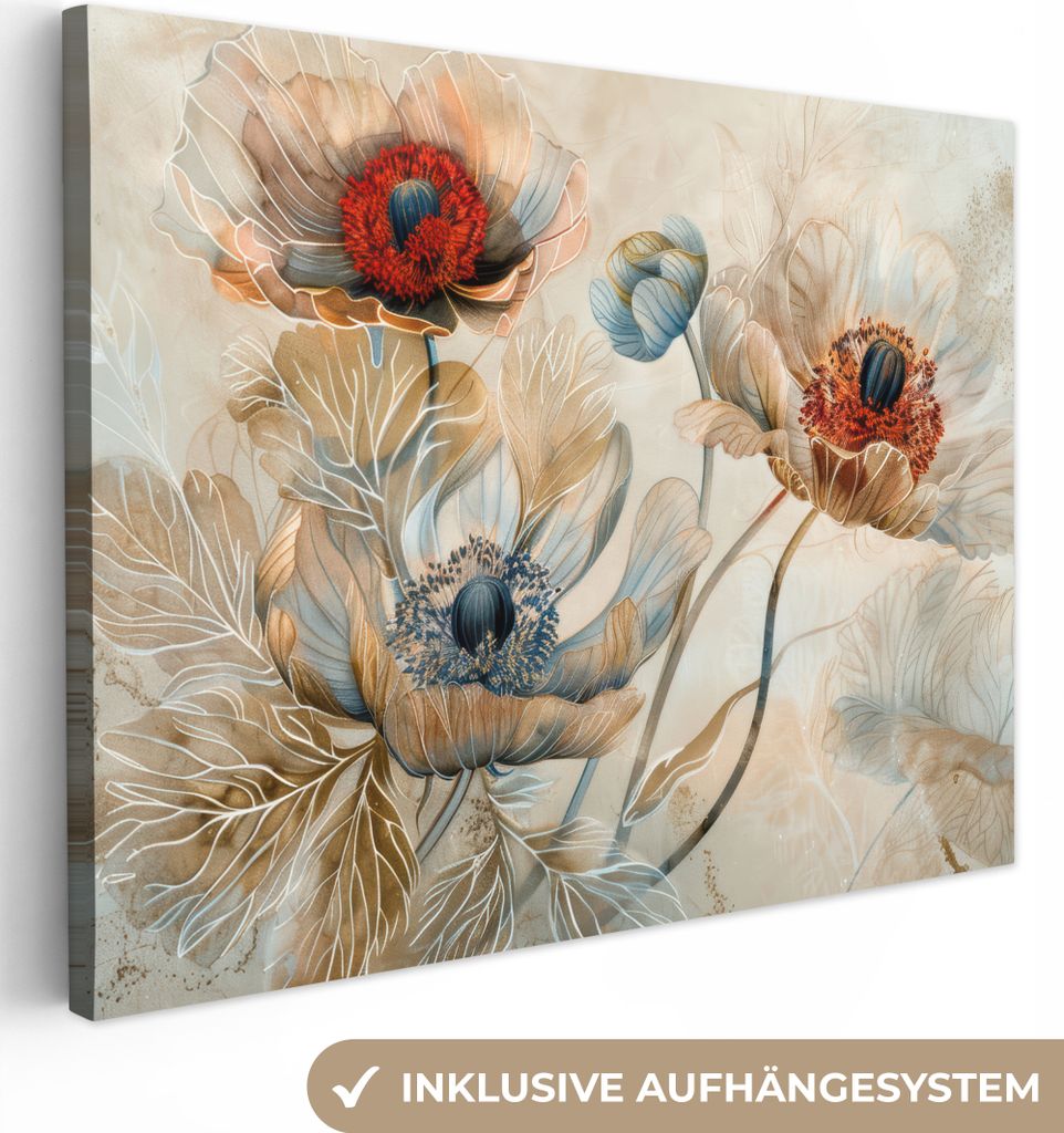 MuchoWow - Leinwandbilder - Blumen - Beige - Modern - Illustration, Wandbild, Wanddeko Bilder Wohnzimmer, 40x30 cm
