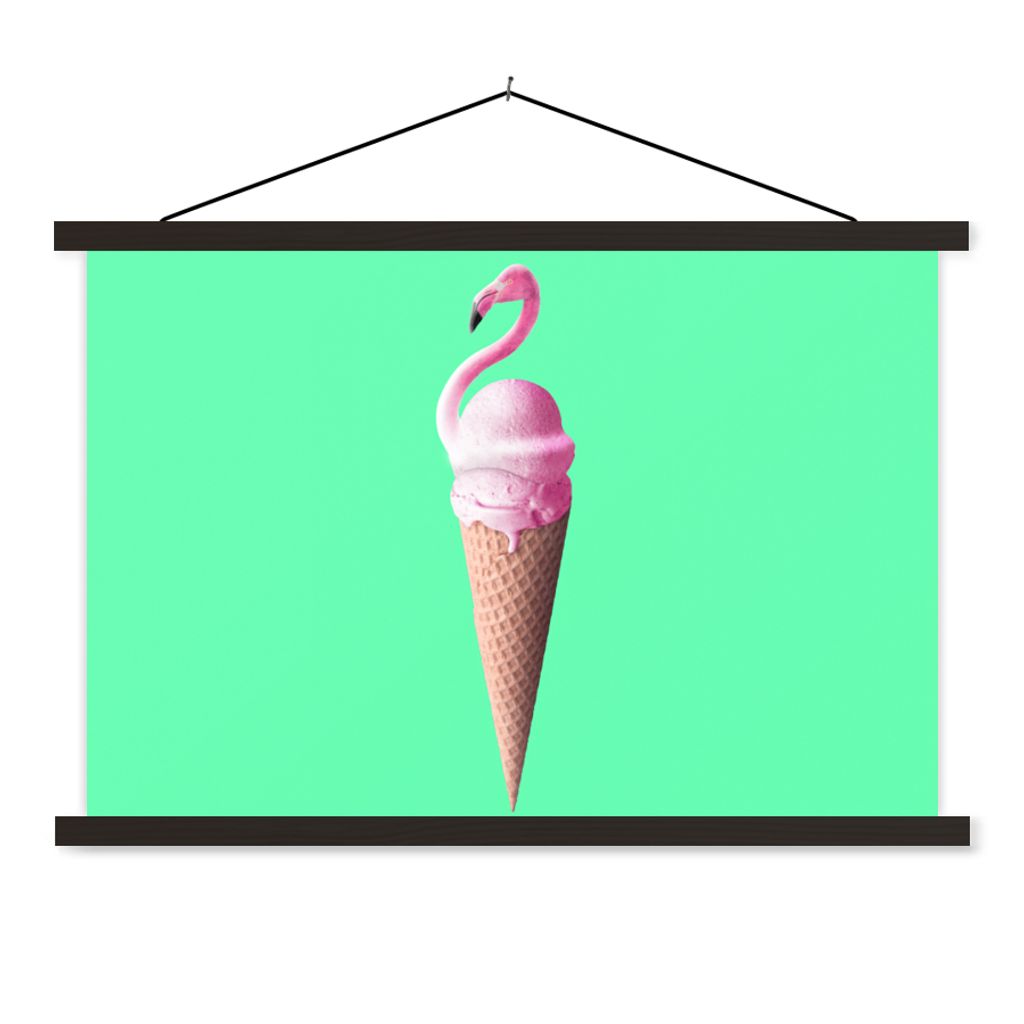 MuchoWow Textilposter Eistüten - Eiscreme - Flamingo - Rosa - Grün 150x100 cm mit schwarzem Rahmen - Schlafzimmer