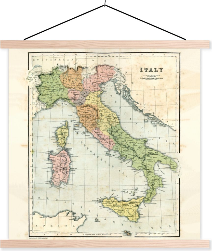 MuchoWow Textilposter Vintage-Karte von Italien 40x40 cm mit holzfarbenen Rahmen - Posterleiste