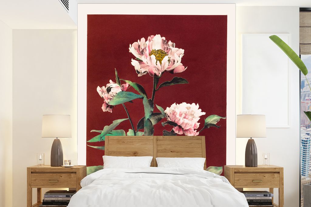 MuchoWow Fototapete für Wohnzimmer oder Schlafzimmer Wandtapete Vinyl Motivtapete Blumen - Pflanzen - Farben - Rot - Vintage - 160x220 cm - Bild...
