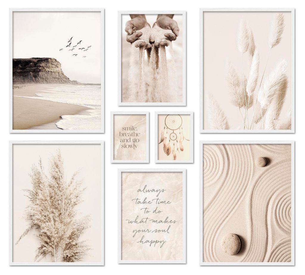 ARTFAVES Poster Set - Beige Dreams I mehrteilige Bilderwand für Wohnzimmer, Schlafzimmer I Wandbilder Strand I mit Rahmen Weiss