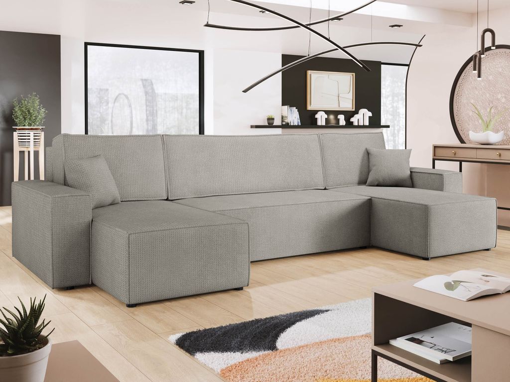 MIRJAN24 Wohnlandschaft Karl U, Eckcouch mit Bettkasten und Schlaffunktion, Schwarze Füße, Kissen mit Reisverschluss (Farbe: Lima 50)