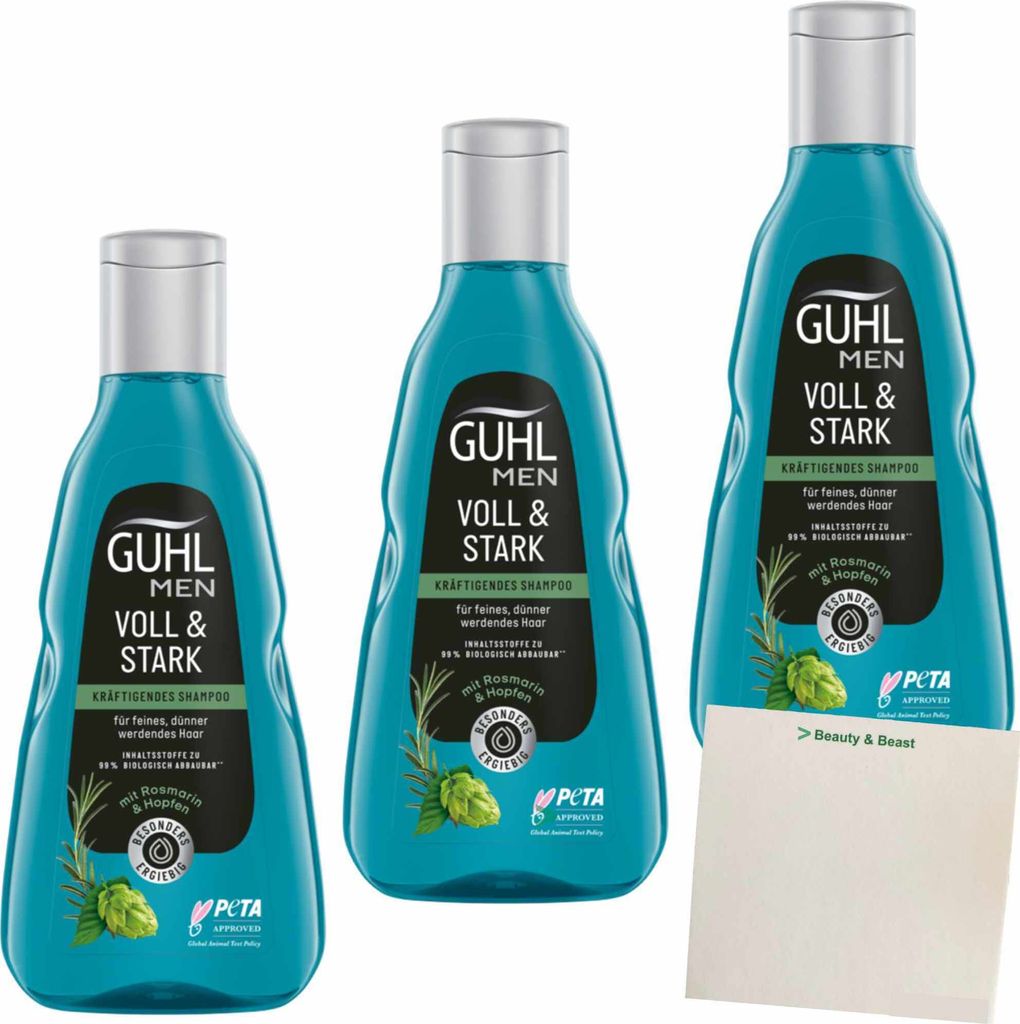 Guhl Men Shampoo Voll & Stark mit Rosmarin und Hopfen 3er Pack (3x250ml) + usy Block