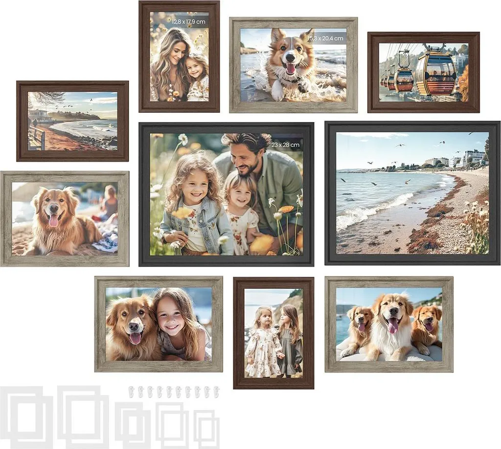 Cadres Photo Lot de 10 avec Vitre en Verre et Crochets Muraux Pratiques