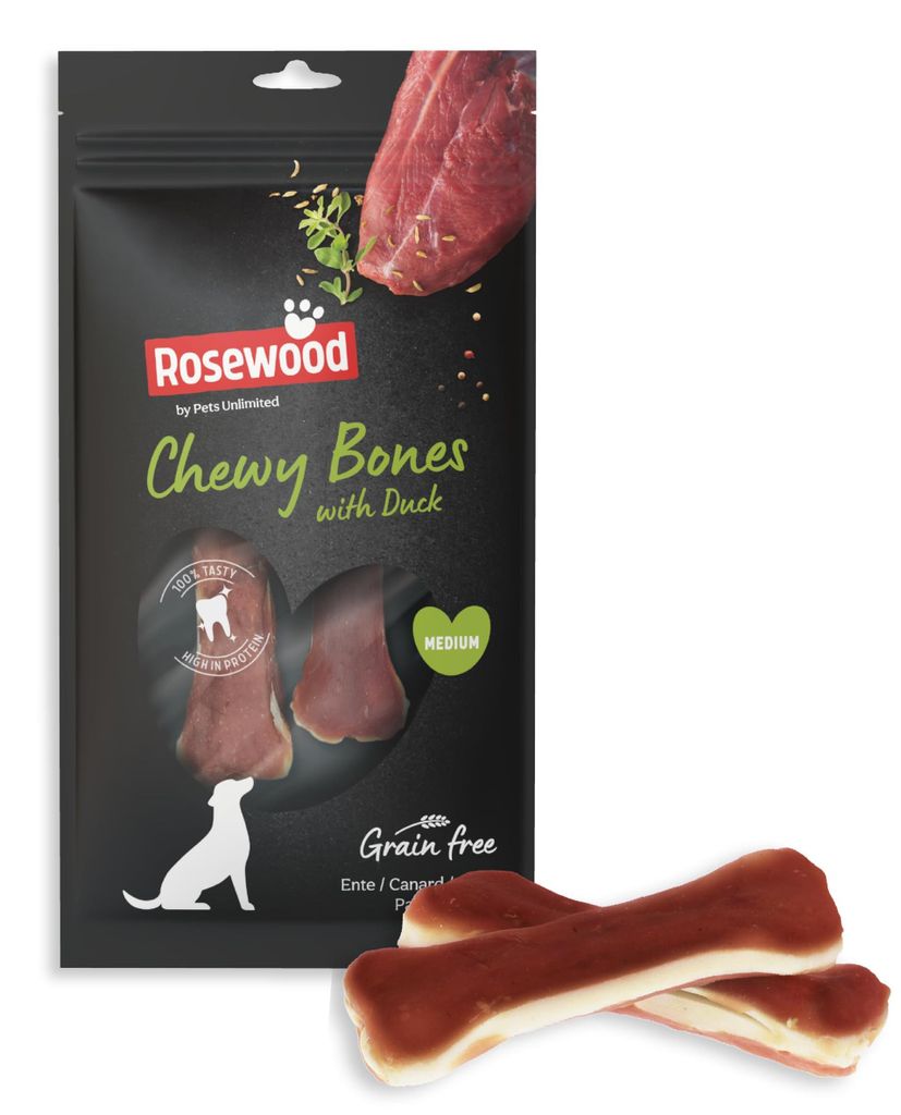 Rosewood Chewy Bones Ente, Kauknochen für Hunde, 80 g, ohne Getreide