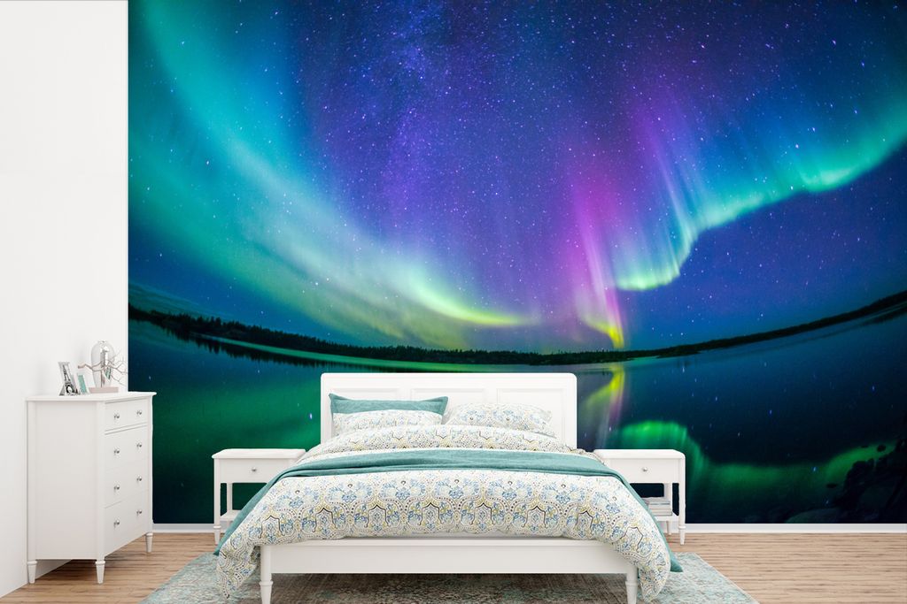 MuchoWow Fototapete für Wohnzimmer oder Schlafzimmer Wandtapete Vinyl Motivtapete Nordlicht - Sternenhimmel - Reflexion - 600x400 cm - Vinyltapeten