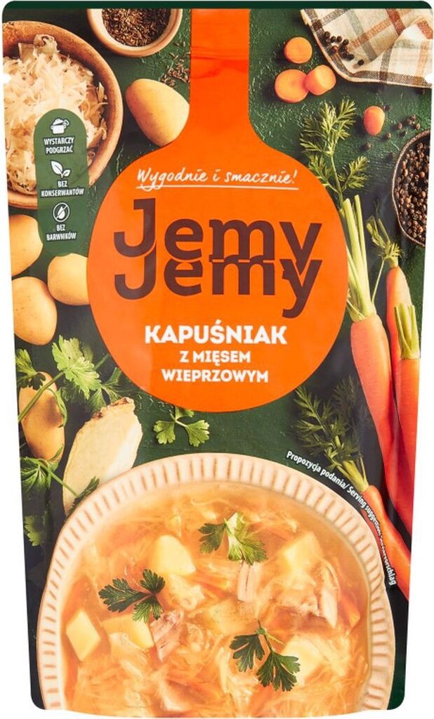 A product package for a soup, with ingredients and a bowl of soup shown.