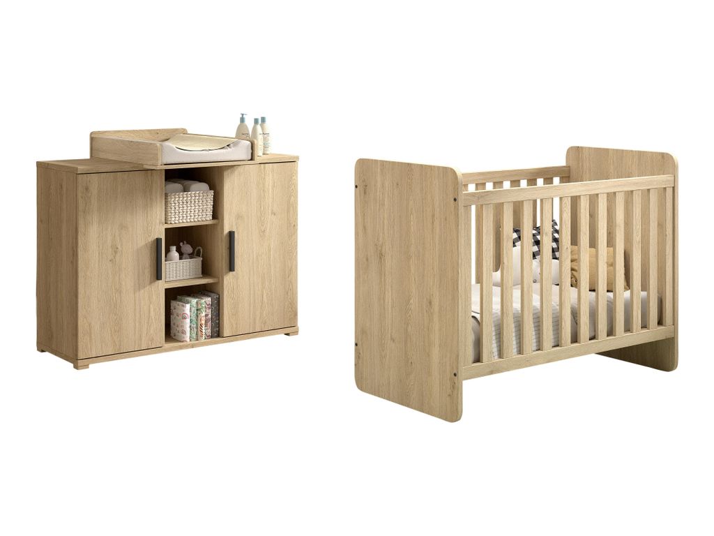 VIPACK - SAM Artikel-Set 3-tlg. best aus, Kommode inkl. Wickelaufsatz, Baby-Bett, Eiche Melamin Nachbildung