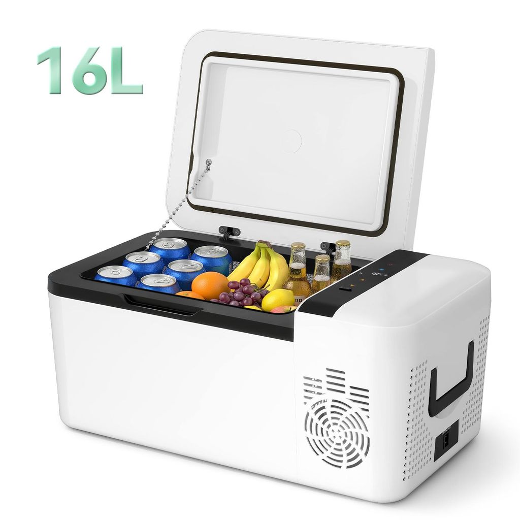 Puluomis Elektische Kühlbox 16L, heizbare Kompressor Kühlschrank, -20°C bis 55°C, mit Type C Ladeport ECO/MAX Modus, 12/24V DC, 220-240V AC weiß
