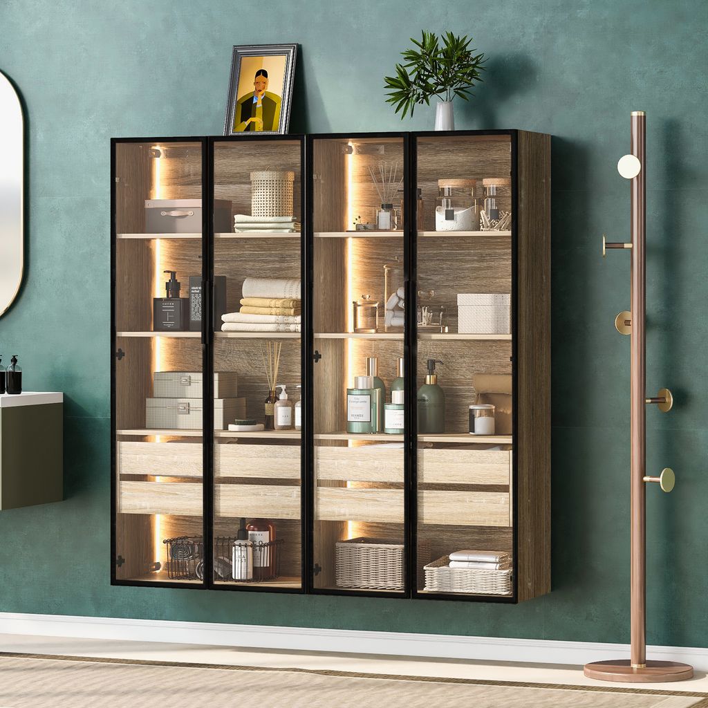 STILVORA Vitrine 2er-Set mit LED-Lichtleiste,Hochschrank mit großen Glastüren,Badezimmerschrank mit Ablagefächer,Natur+Schwarz