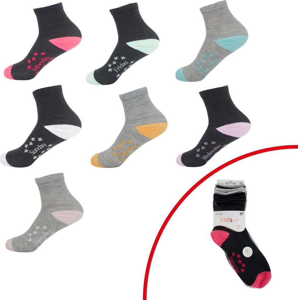 Kinder Socken Set » 7 Paar Strümpfe für jeden Tag » Kinderstrümpfe Wochentag » Bunte Kindersocken: 35-38 Größe: 35-38
