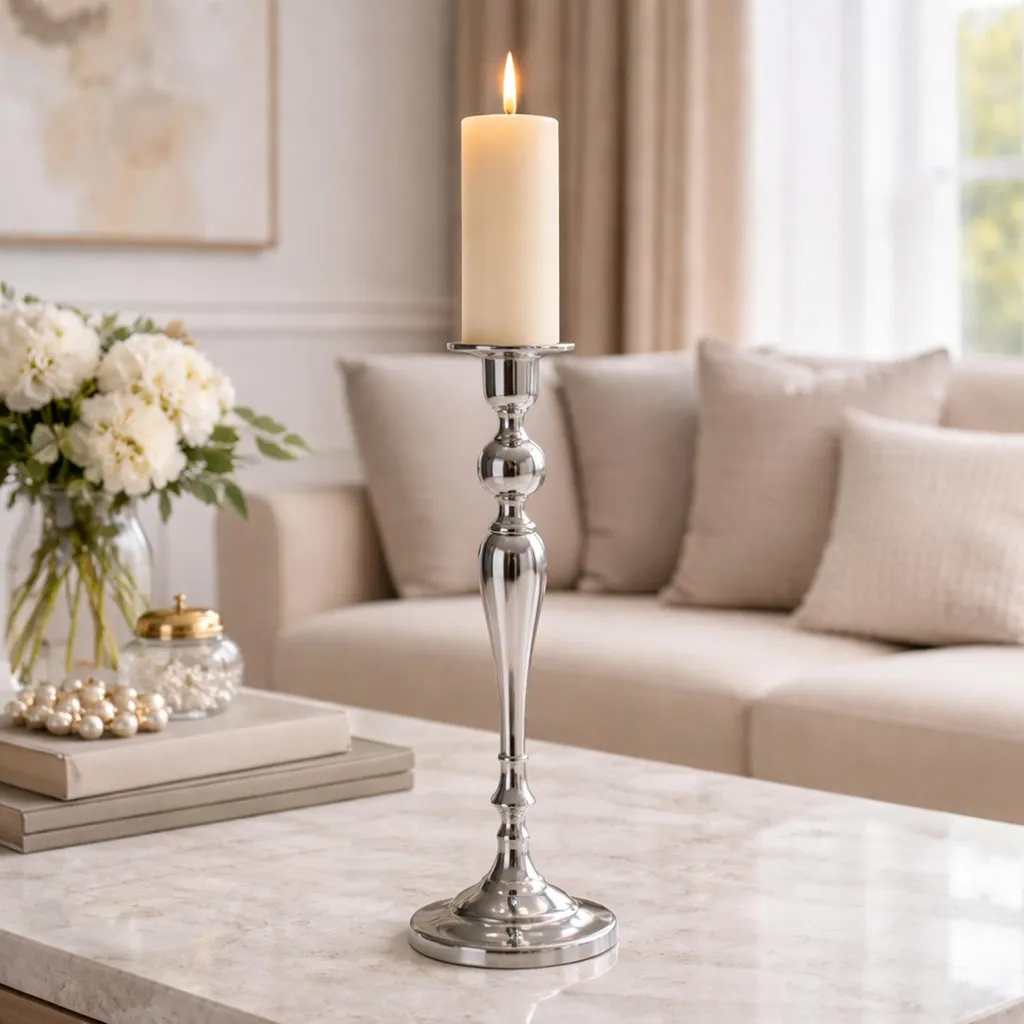 Bougeoir Chandelier Argenté 48cm Métal Design XL Mod2 pour Salon Chic
