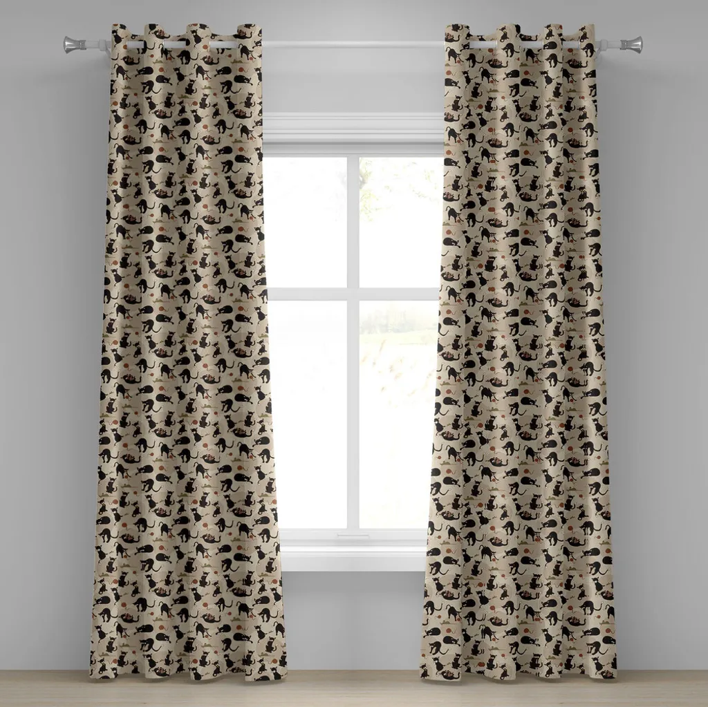ABAKUHAUS Tenda con occhielli gatto, motivo gatto disegnato a mano - gatto domestico che gioca con un topo e un gomitolo di lana, tende decorative a 2 pannelli per finestre, 280 cm x 245 cm, verde mare nero marrone chiaro