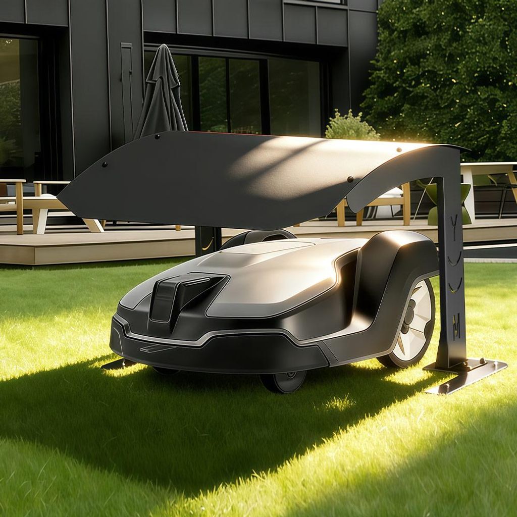 Rasenmäher Garage für Mähroboter Carport Schwarzer Stahlrahmen Metall Pulverbeschichtet 70×55×41 cm Schwarzer Dach