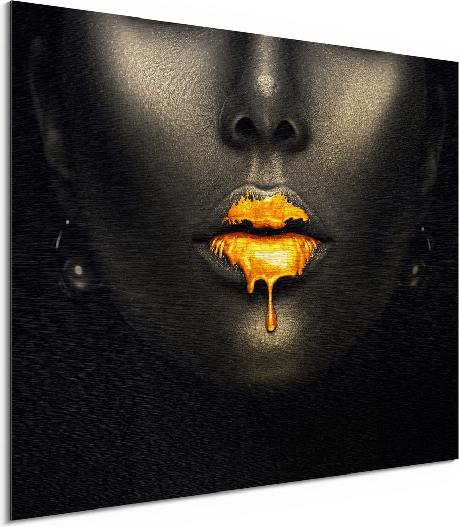 DEQORI Alu-Dibond Bild Gold 80x60 cm 'Goldbedeckte Lippen' Wandbild Metall dünn Design