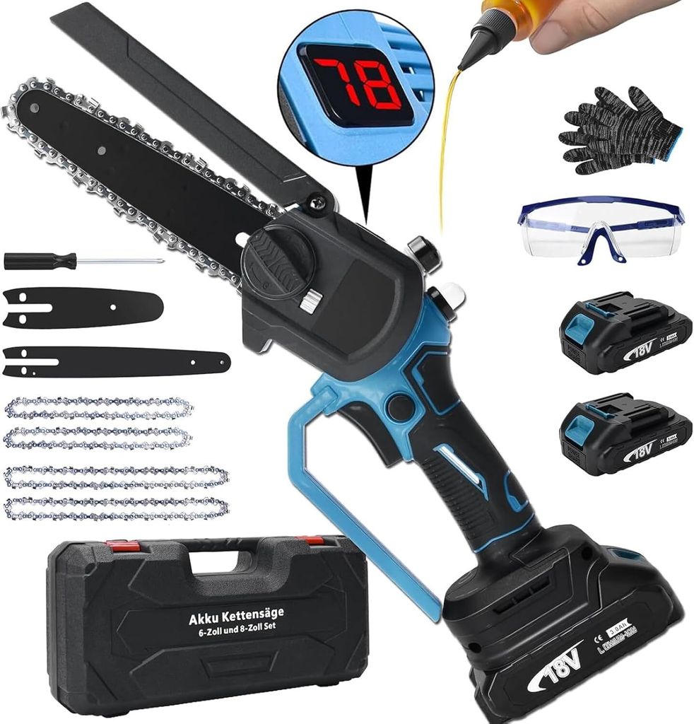 Mini Kettensäge mit Akku 3000mAh, 8 Zoll and 6 Zoll Anzug, Bürstenloser Motor Handkettensäge mit Sicherheitsschloss für Gartenscheren Holzschne...